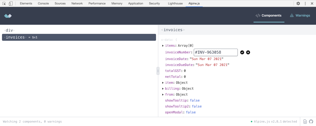 Screenshot of Alpine.js devtools