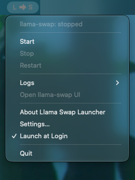 The menu with llama-swap stopped: L→S faded, Stop and Restart greyed out