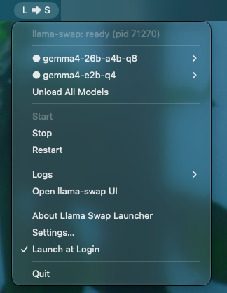 The menu, with llama-swap ready and two models loaded