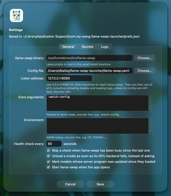 Settings, General tab