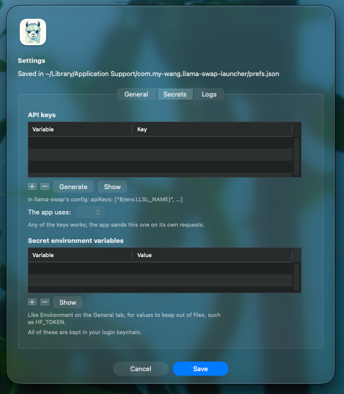 Settings, Secrets tab: API keys and secret environment variables