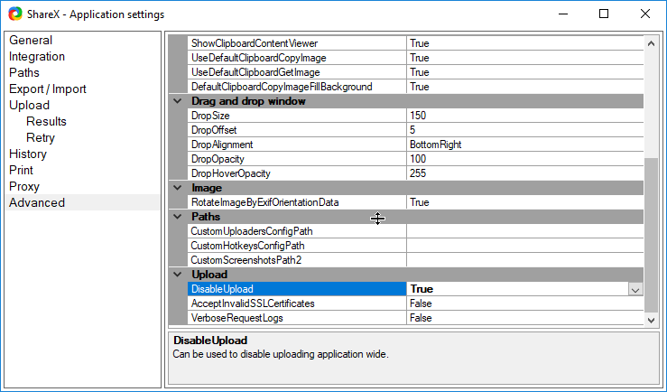 Sharex Disable uploads via Application Settings -> Advanced -> Upload