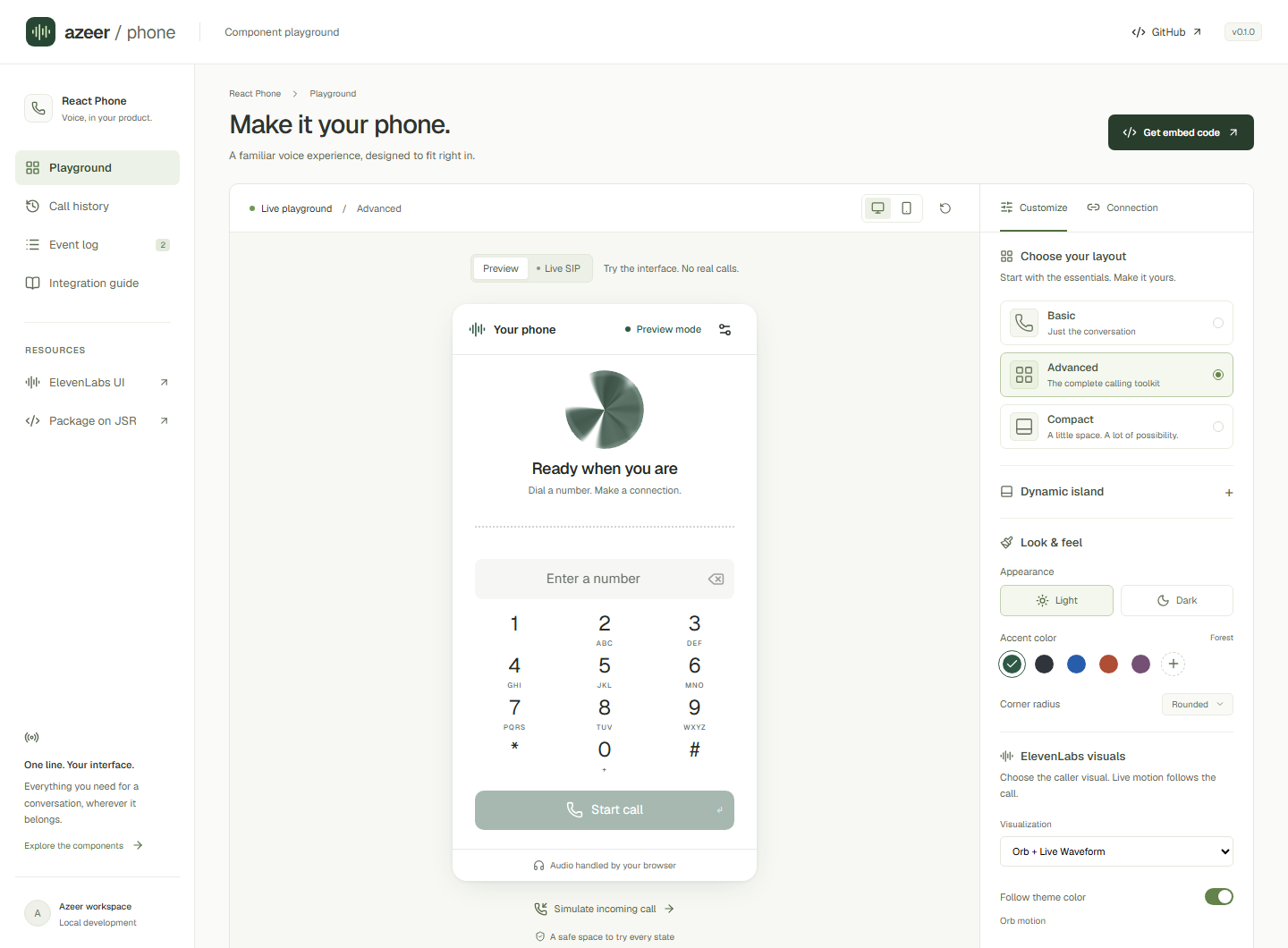 The Azeer playground with phone and configuration inspector