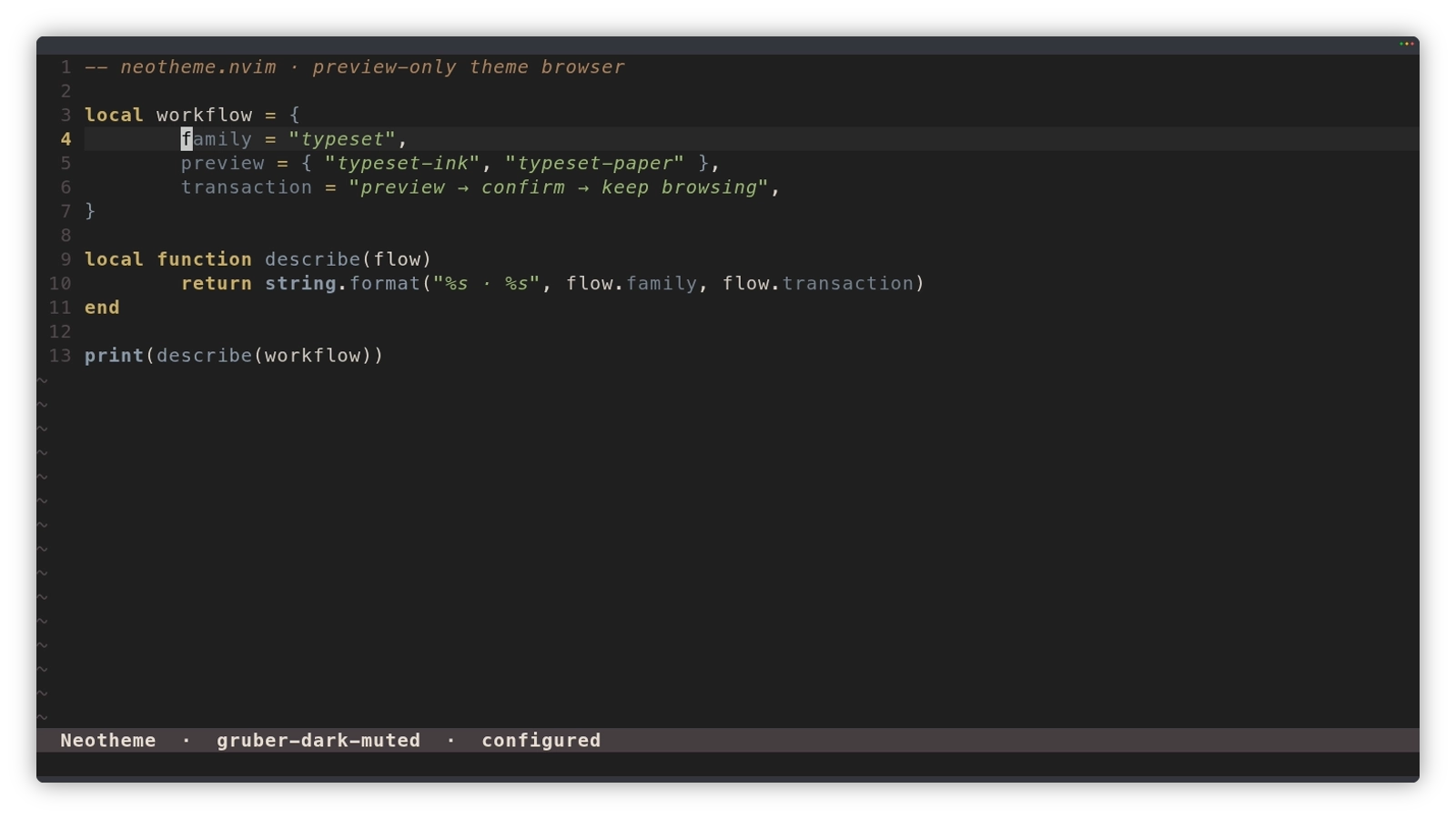 Neotheme family drill-in, preview-only navigation, and session confirmation