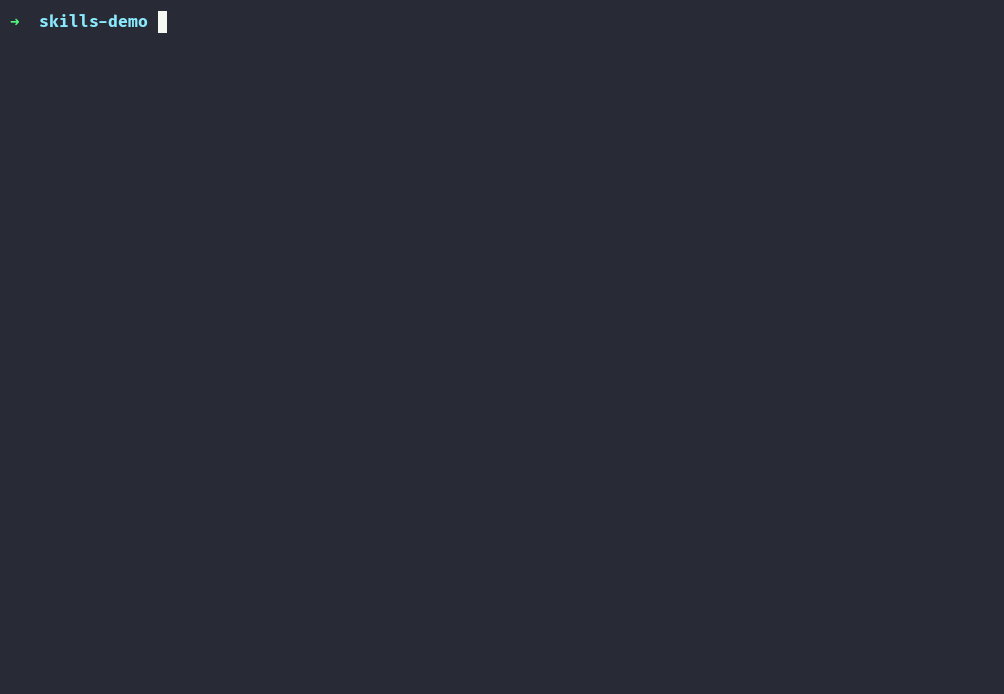 skm TUI demo: init, import from skills.sh and GitHub, discover and adopt an unmanaged skill, install, and inspect it