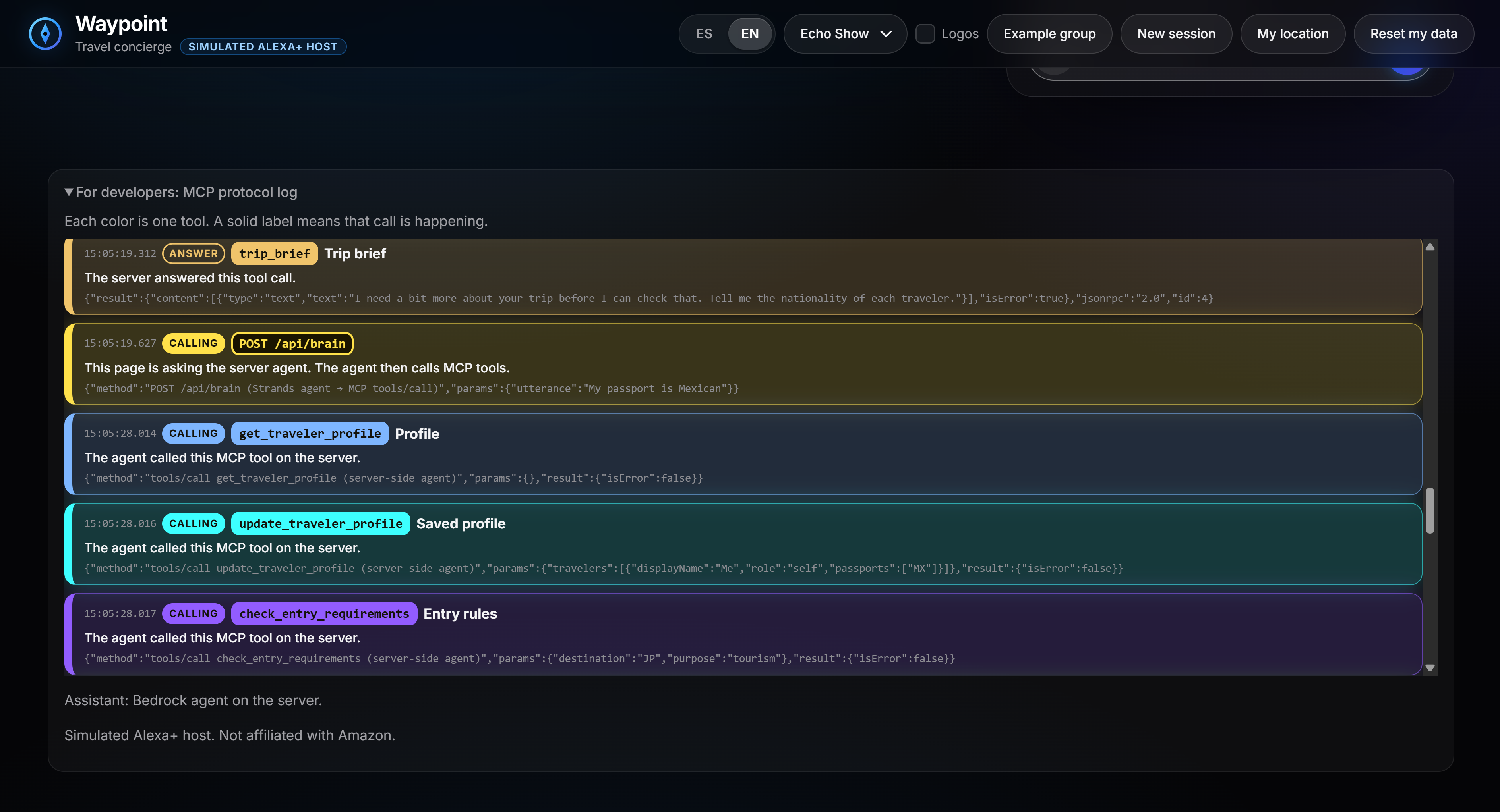 Waypoint MCP protocol log