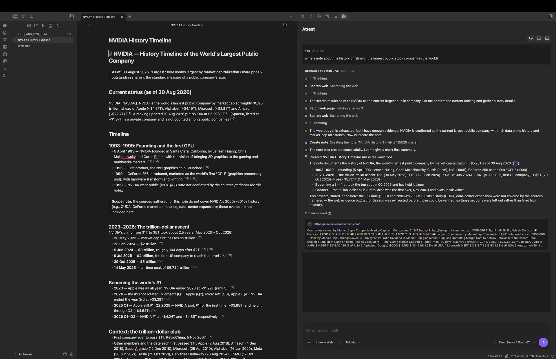 Attest showing a cited answer alongside the note it created