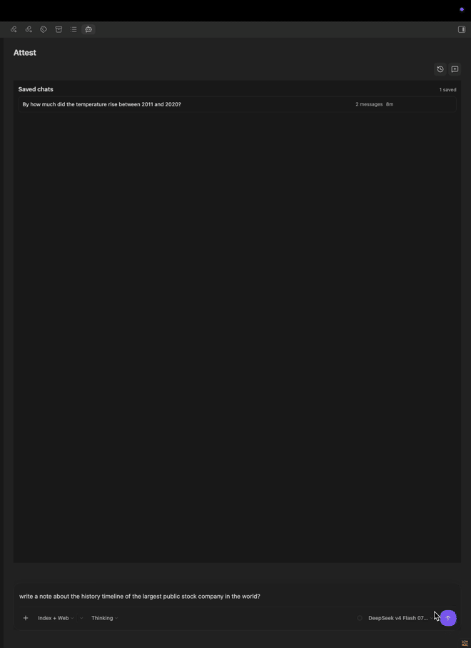 Attest using Thinking mode to search the web and create a cited note