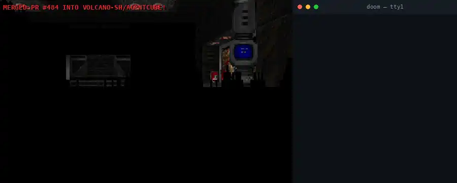 Doom playing itself, with a live HUD of merged PRs and wins