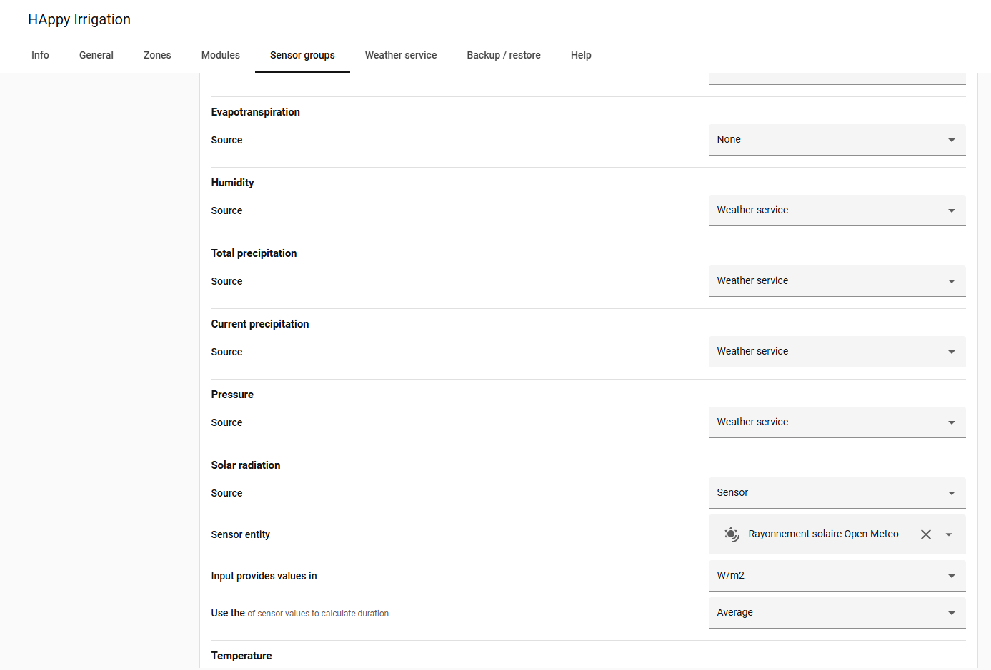 Sensor groups configuration