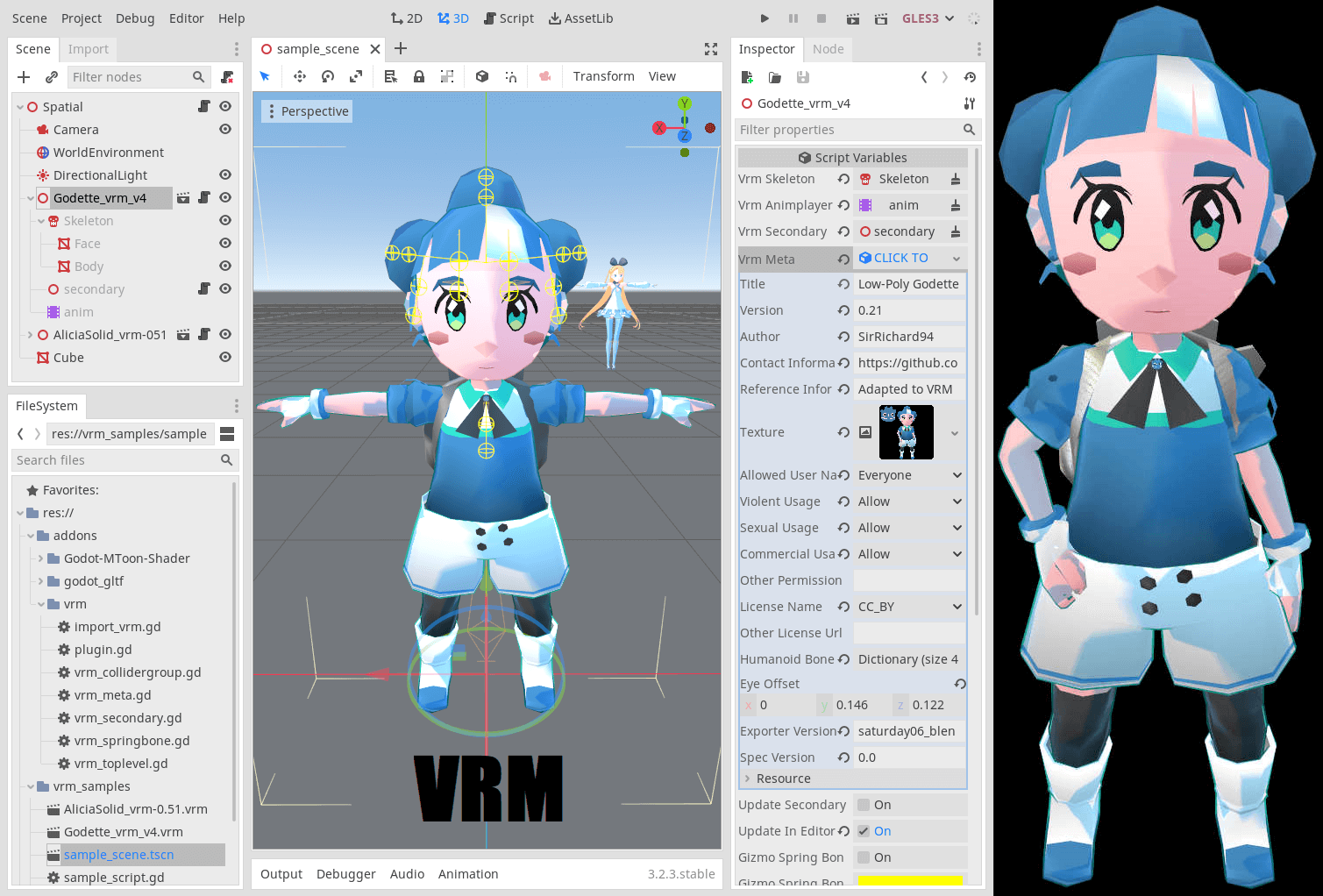 Example of VRM Addon used to import two example characters