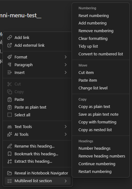 The right-click menu, with the plugin's commands under Multilevel list section