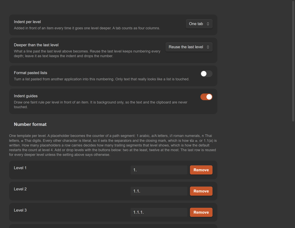 The settings tab: as many levels as the note needs, and what happens past the last one