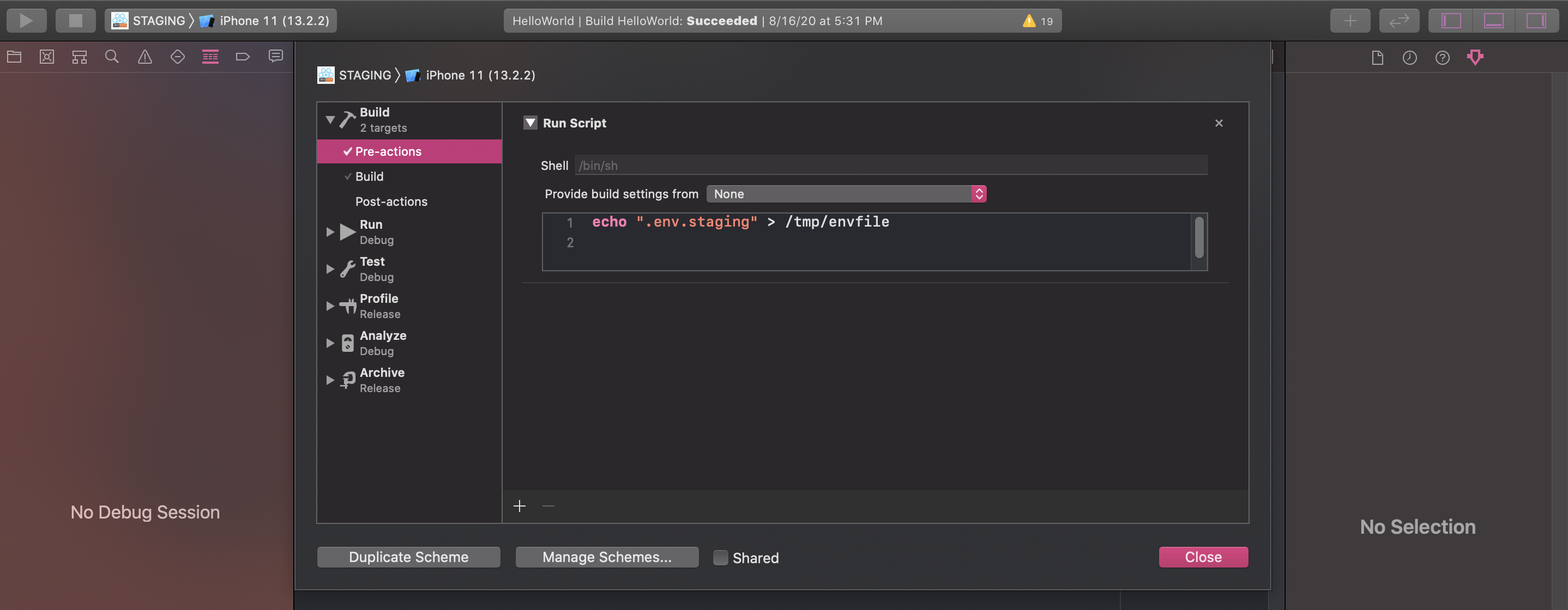 Scheme's pre-action setting the .env file