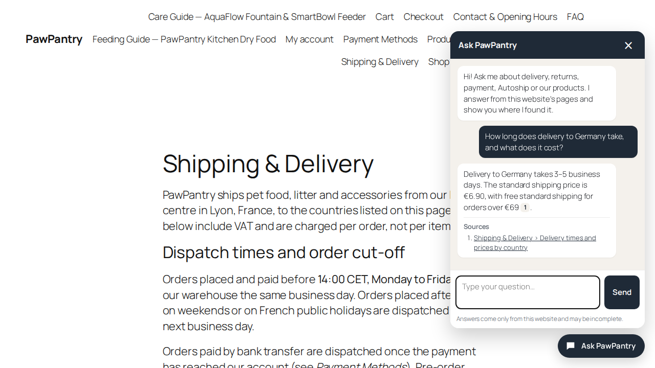 The chat answers from the Shipping page and links it