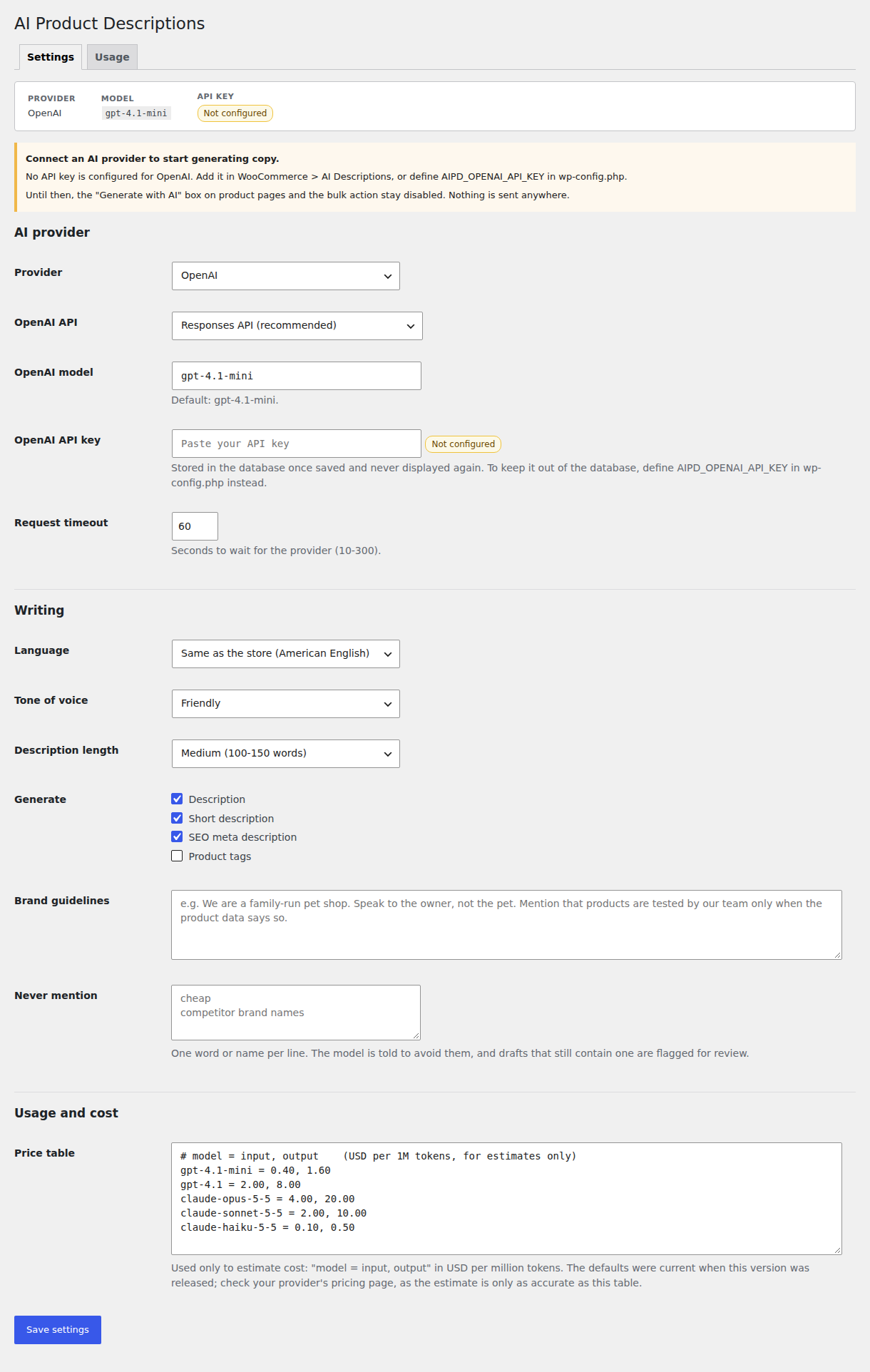 Settings, not configured
