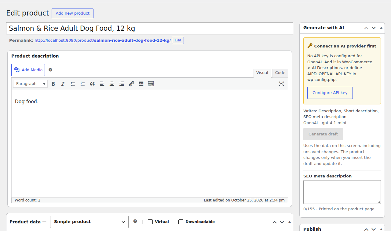 Product editor with the Generate with AI box