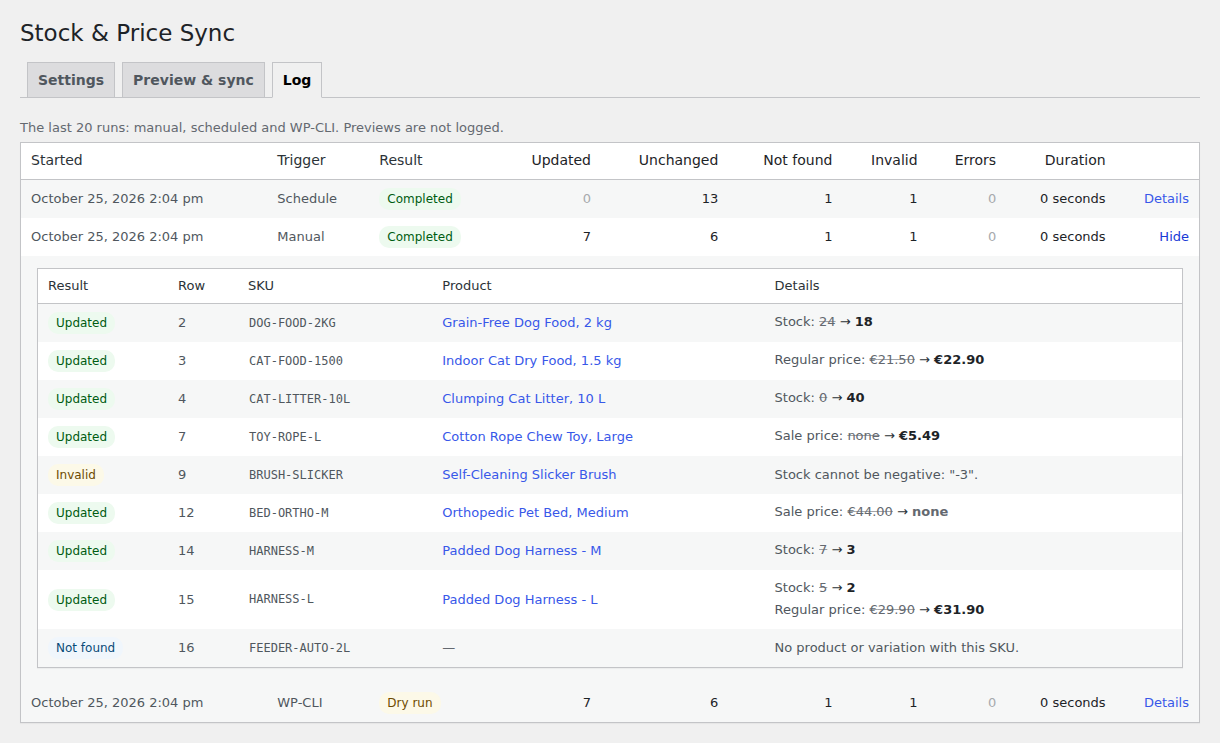 Sync log with an expanded run