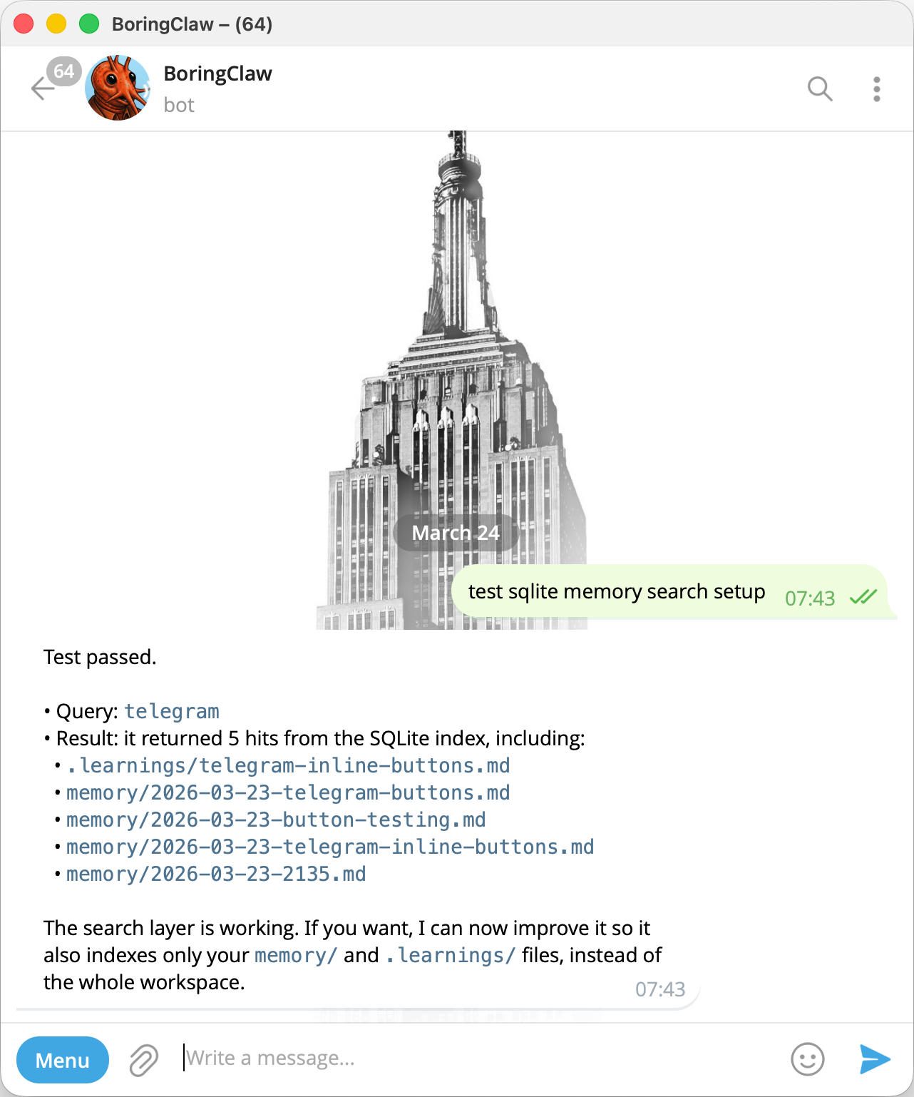 SQLite memory search returning relevant matches in Telegram