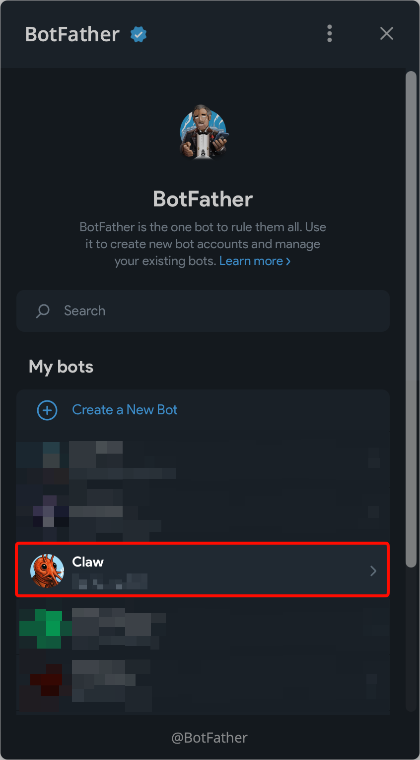 Open BotFather and choose your bot from My bots