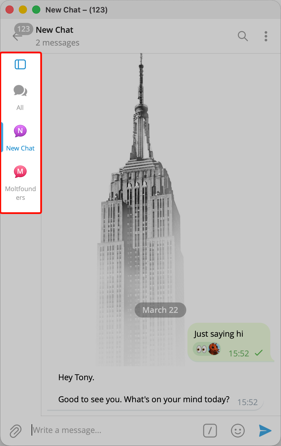 Telegram chat using separate topic tabs