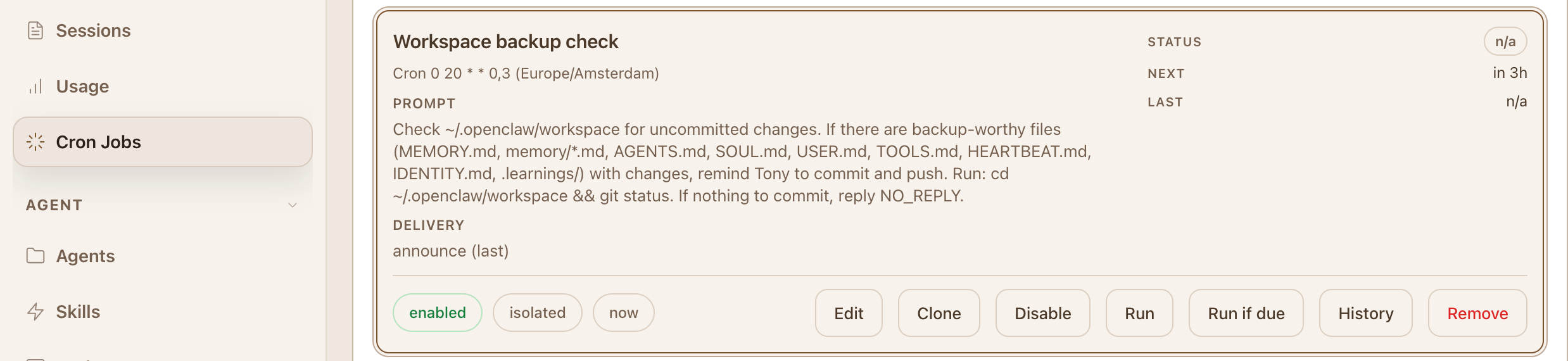 OpenClaw cron job configured for workspace backup checks