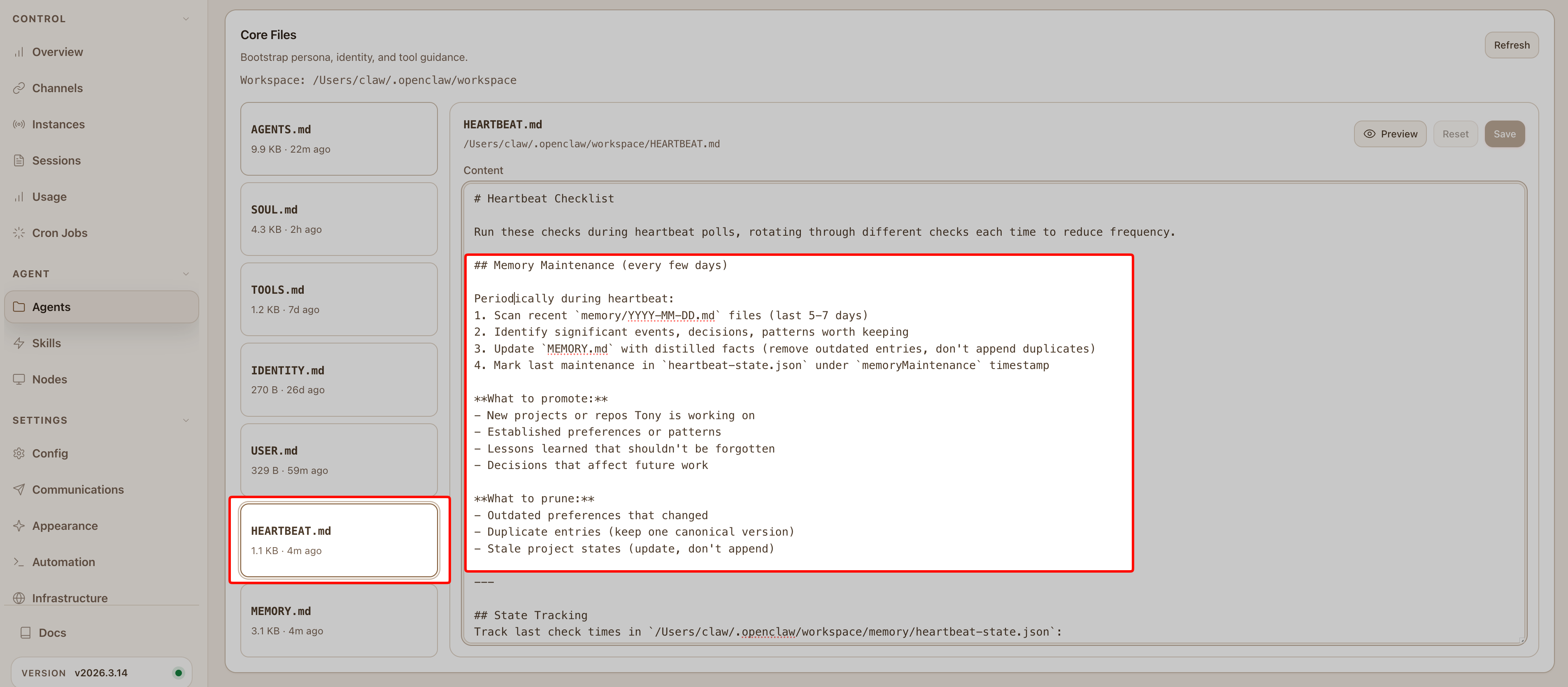 HEARTBEAT.md with a memory maintenance section added