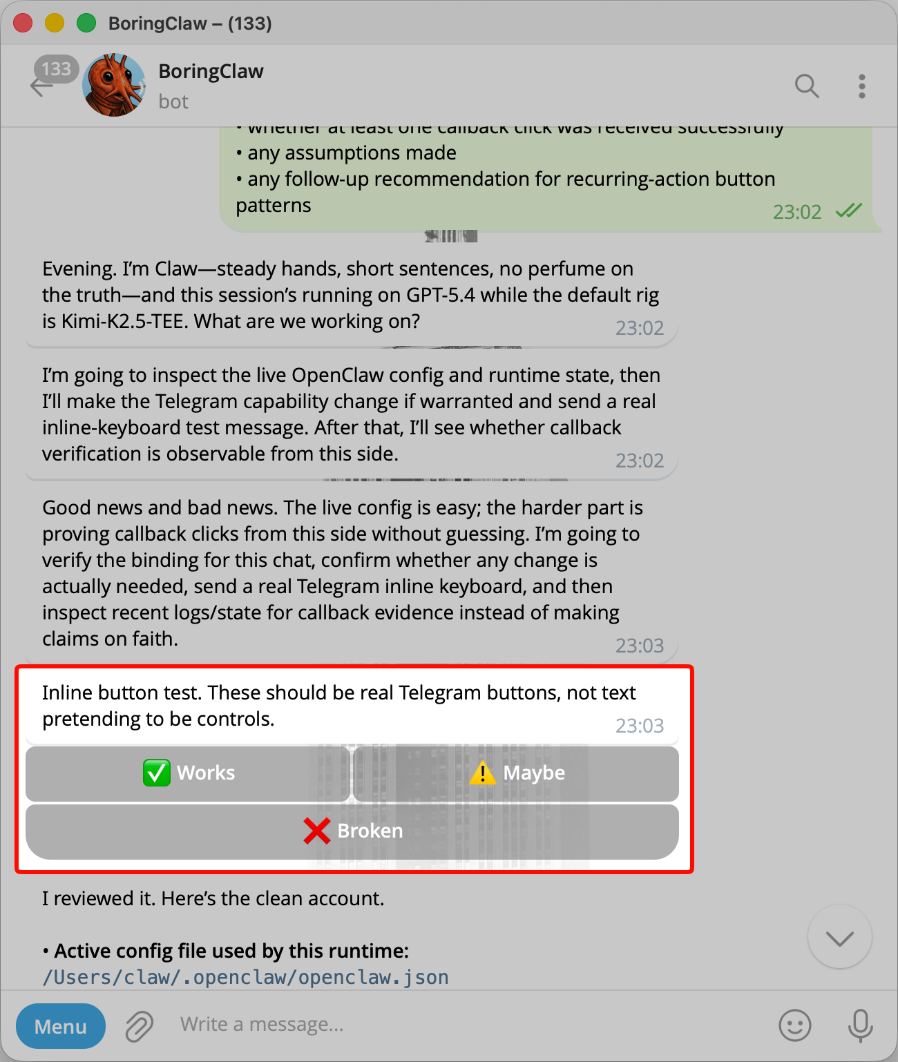 Telegram inline buttons rendered as real clickable buttons in chat