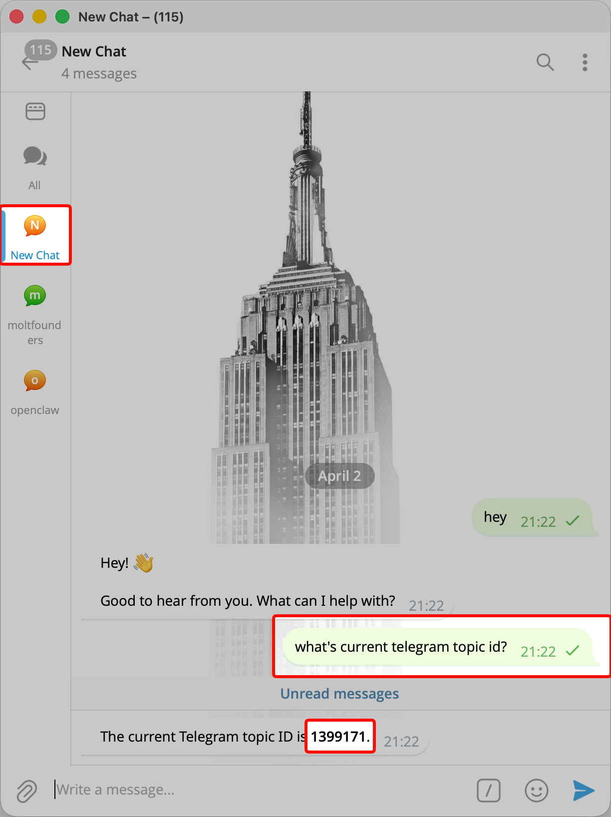 Telegram chat showing the current topic id 1399171