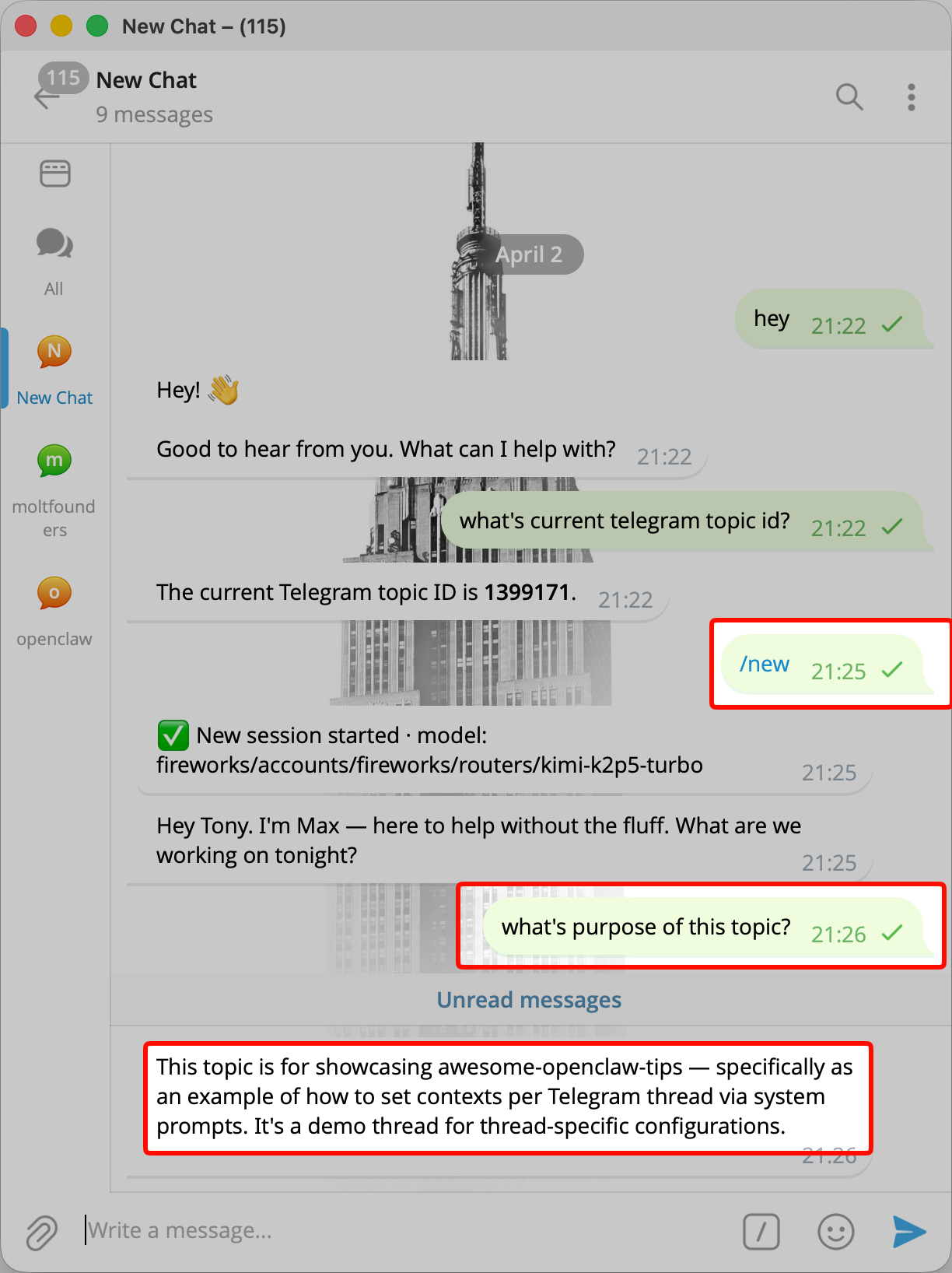 Telegram topic still answering with its configured purpose after running /new