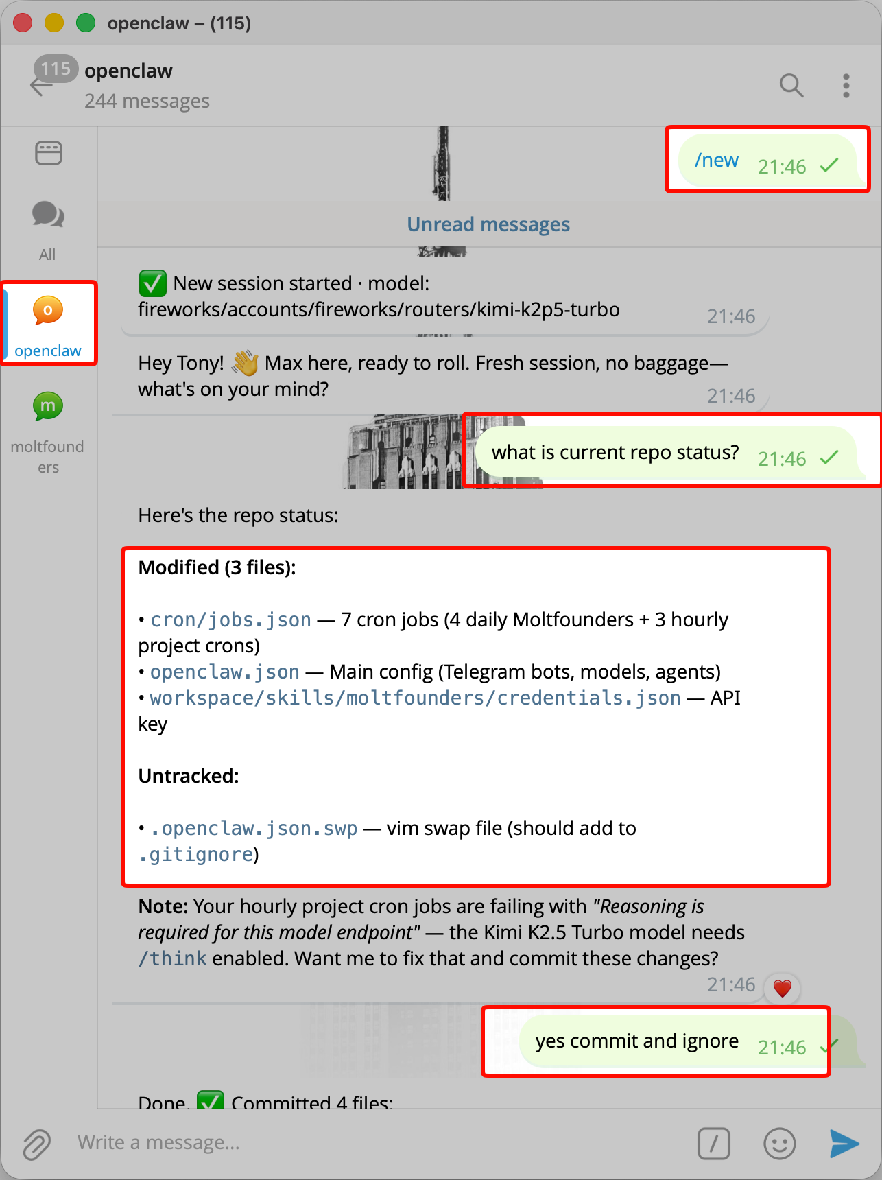 Dedicated Telegram topic used for OpenClaw admin work like repo review and commit follow-up