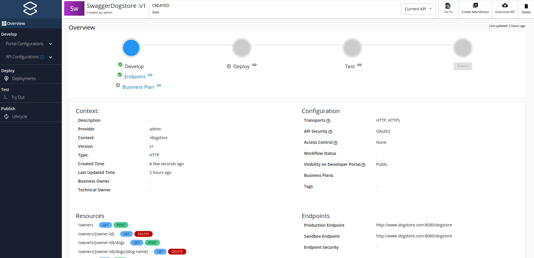 rest api interface main page