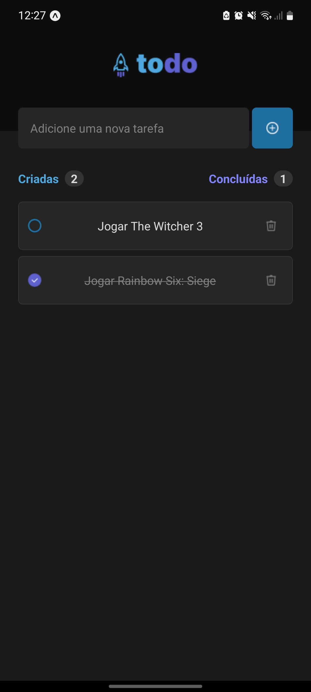 Print da tela inicial com a tarefas 'Jogar The Witcher 3' e 'Jogar Rainbow Six: Siege' adicionas com a tarefa 'Jogar Rainbow Six: Siege' marcada como concluída 