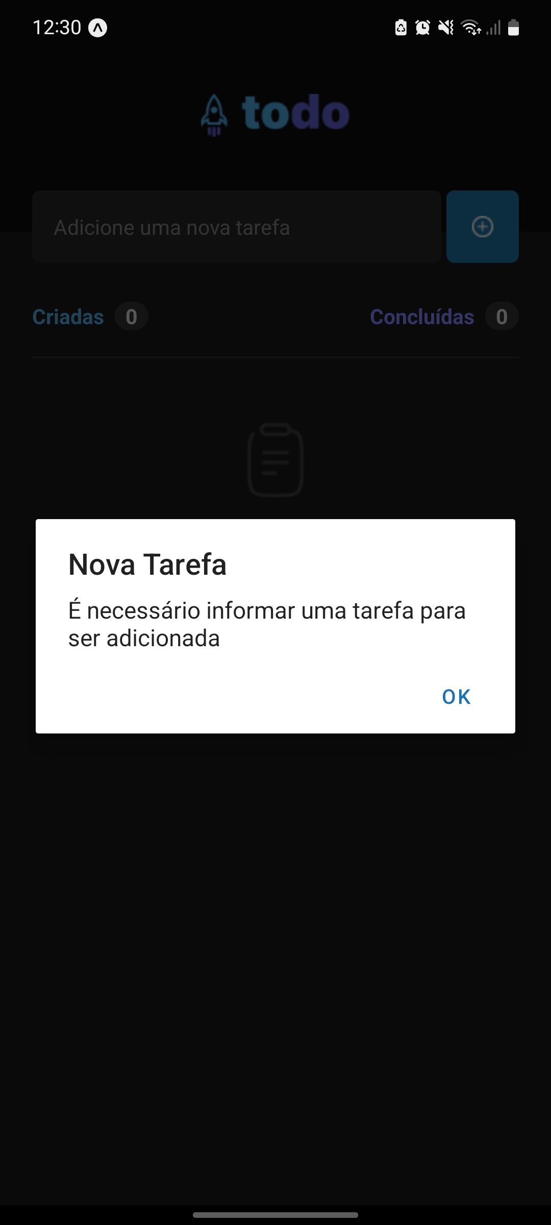 Print da tela inicial com um alerta indicando que é necessário indicar uma tarefa para ser adicionada