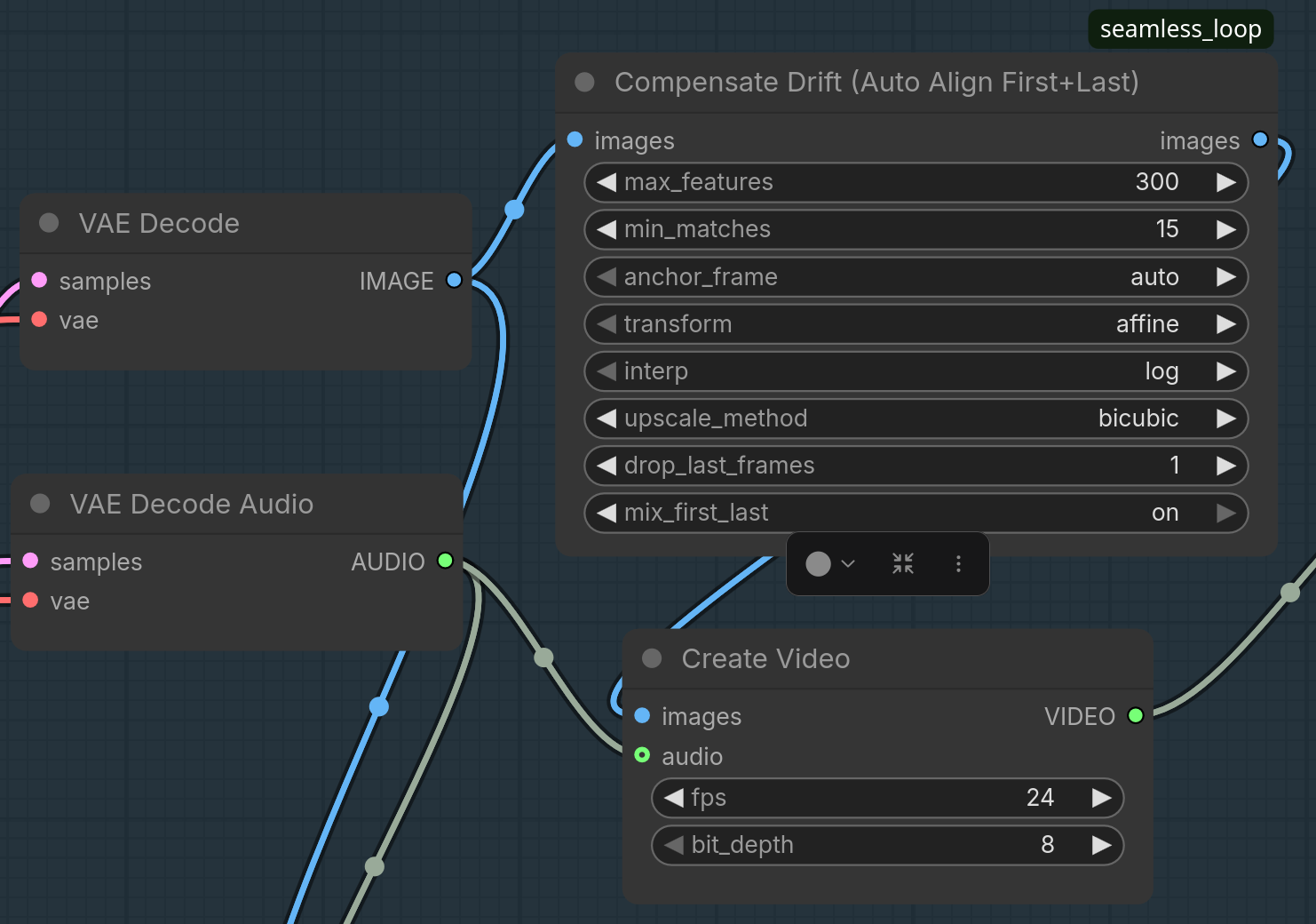 Compensate Drift wired between VAE Decode and Create Video