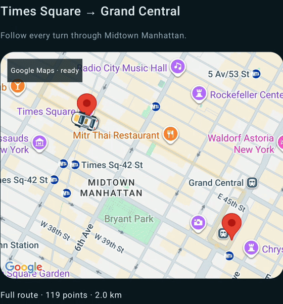 Actual Google Maps recording: a top-down cab follows the complete street route and turns at each corner