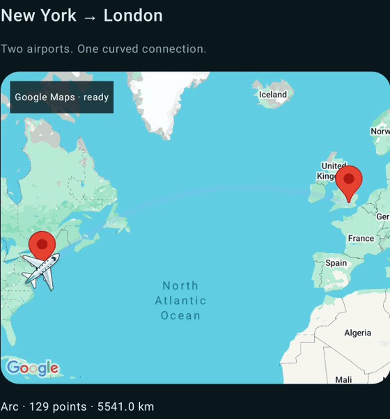 Actual Google Maps recording: a top-down aircraft follows the curved connection from New York to London