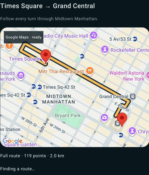 A travelling loading arc morphs into a complete road route on native Google Maps