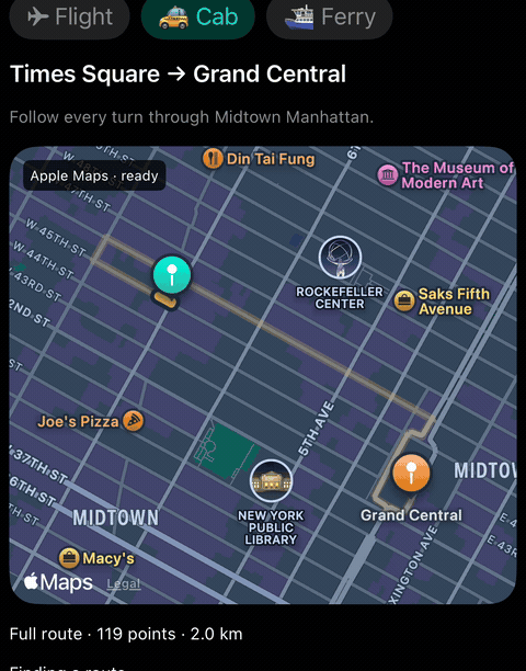 The same loading arc settles into a complete road route on native Apple Maps