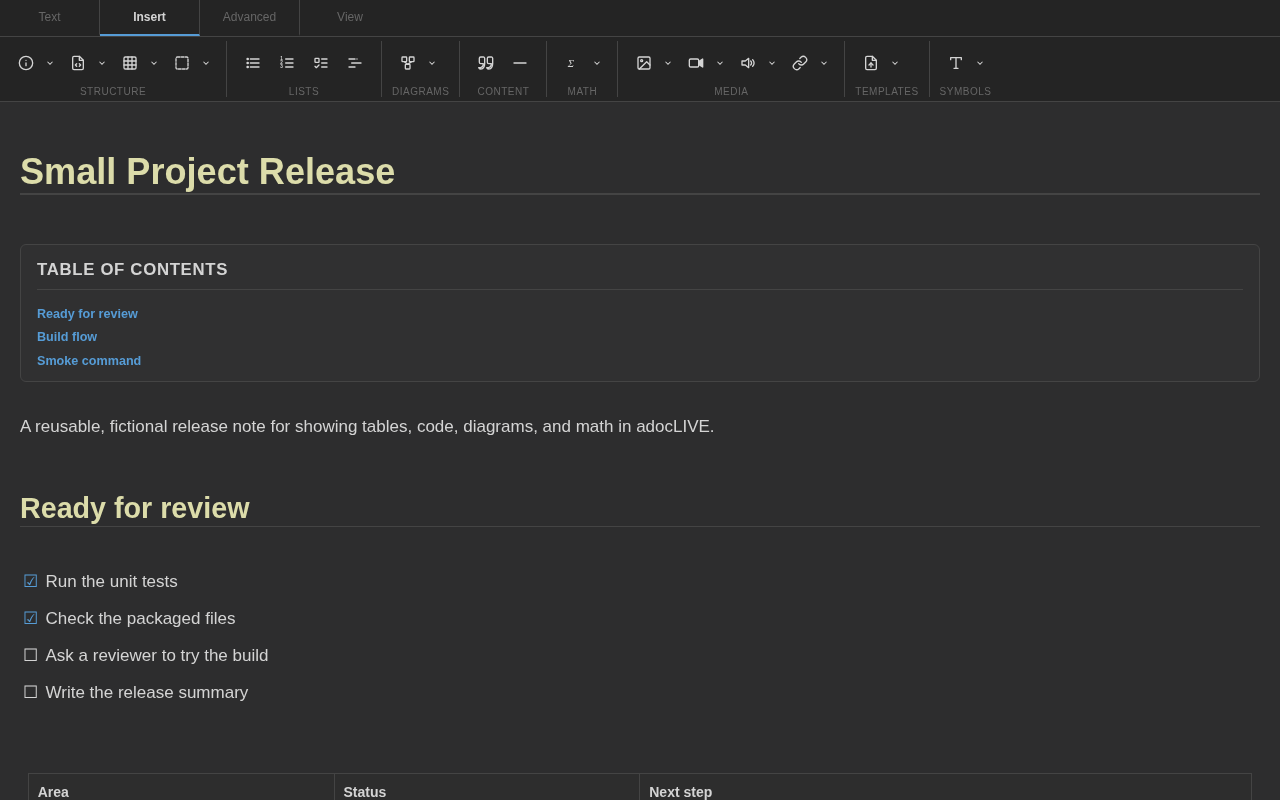 adocLIVE dark theme showing the original Insert toolbar