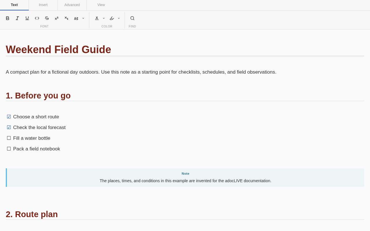 adocLIVE Live Preview showing a synthetic weekend field guide