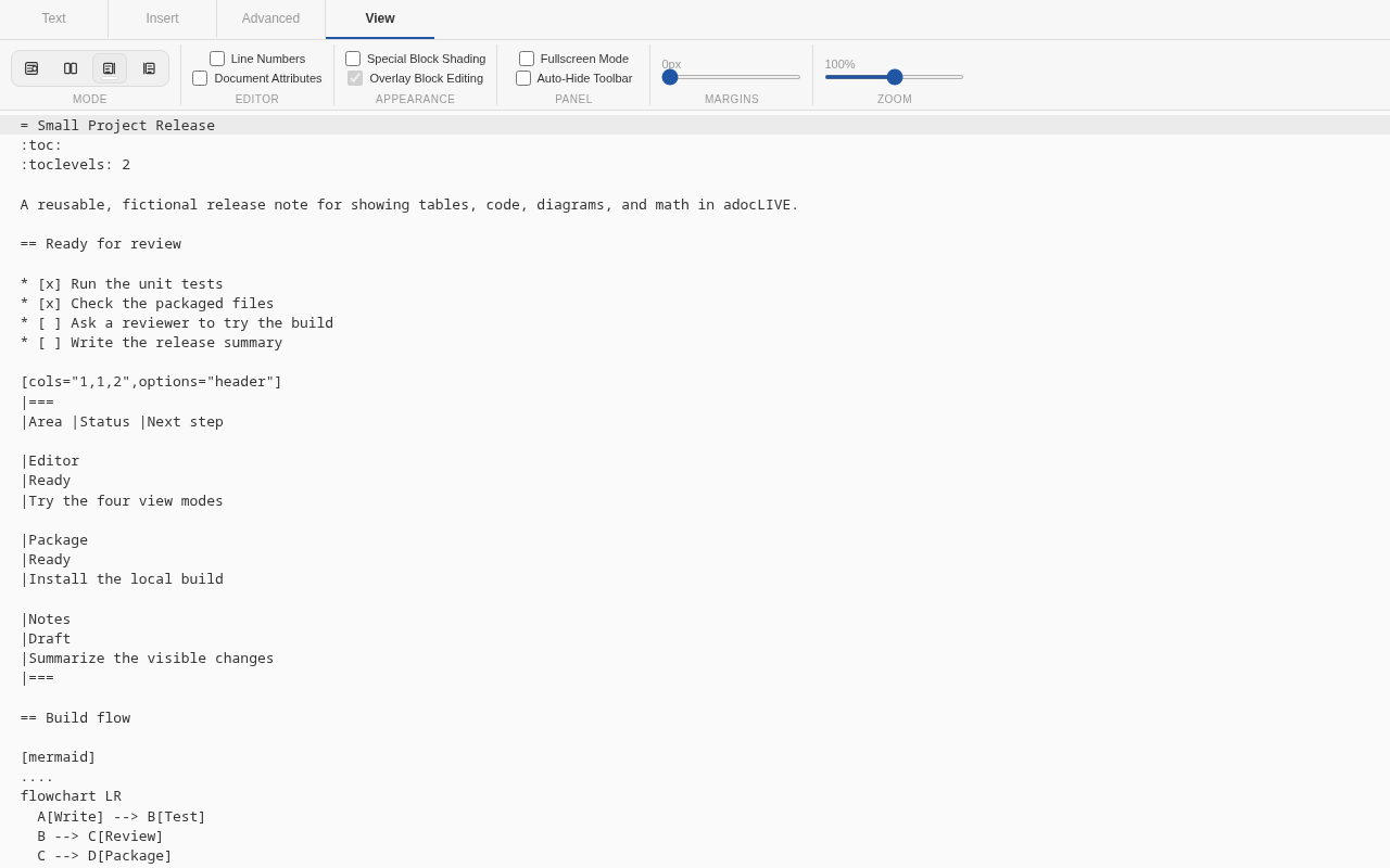 adocLIVE Raw Text view showing AsciiDoc source and View controls