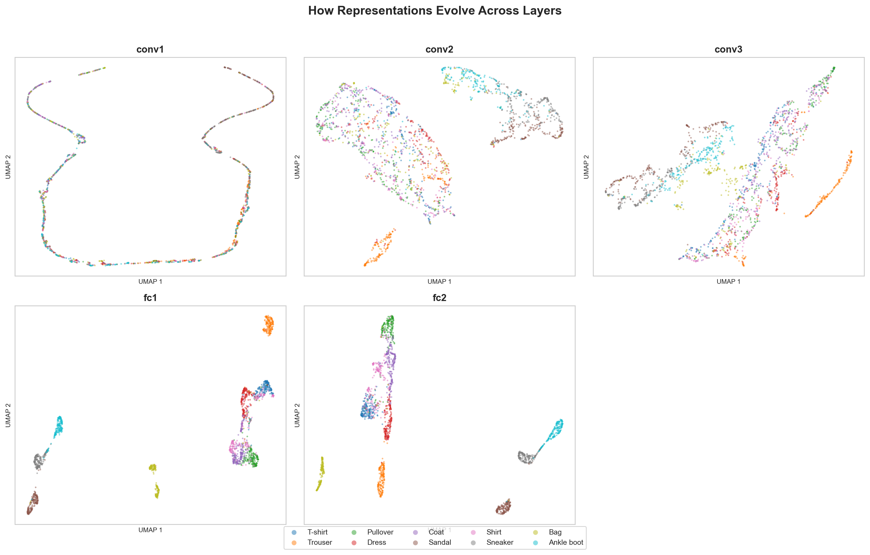 UMAP projections of CNN activations across five layers, showing representations evolving from diffuse noise to separated clusters