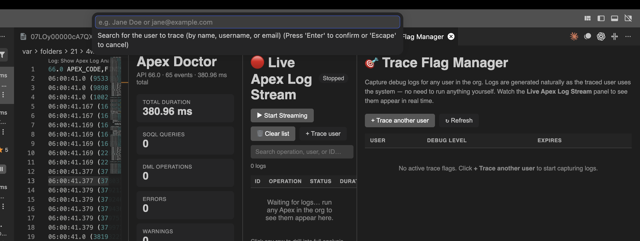 Trace Flag Manager + Live Stream + analysis side-by-side