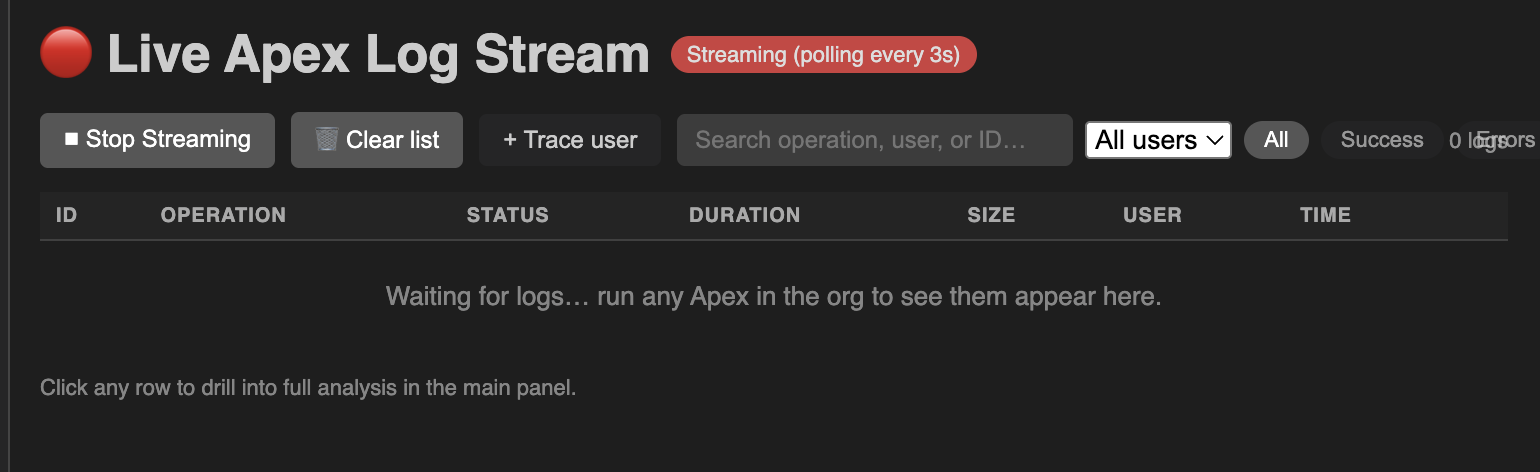 Live Apex Log Stream with + Trace user button