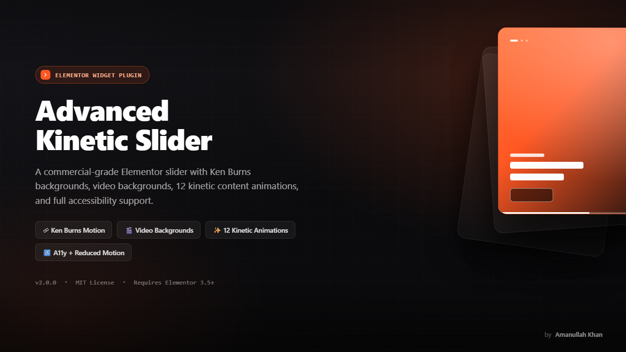  Advanced Kinetic Slider for Elementor - Commercial-grade Elementor slider widget with Ken Burns background motion, video backgrounds