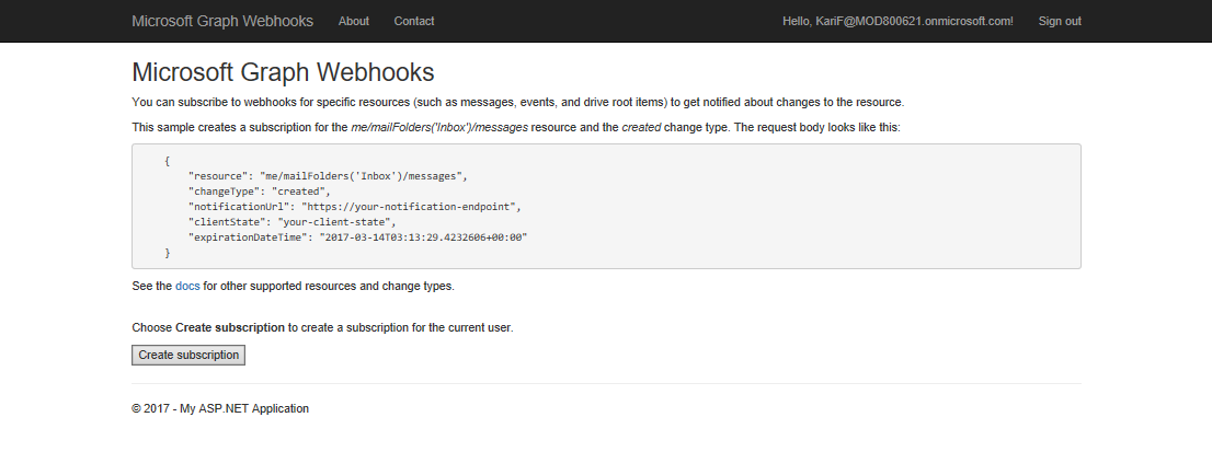 Microsoft Graph Webhook Sample for ASP.NET screenshot