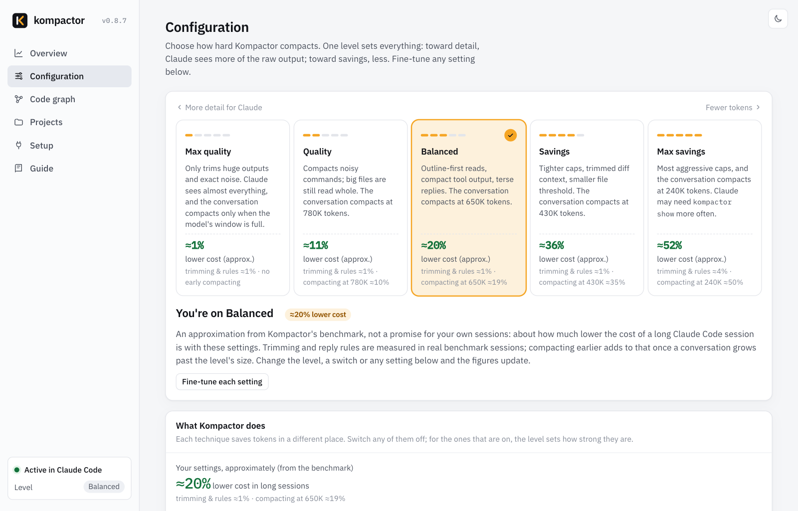 Quality vs tokens with a live preview of what Claude receives