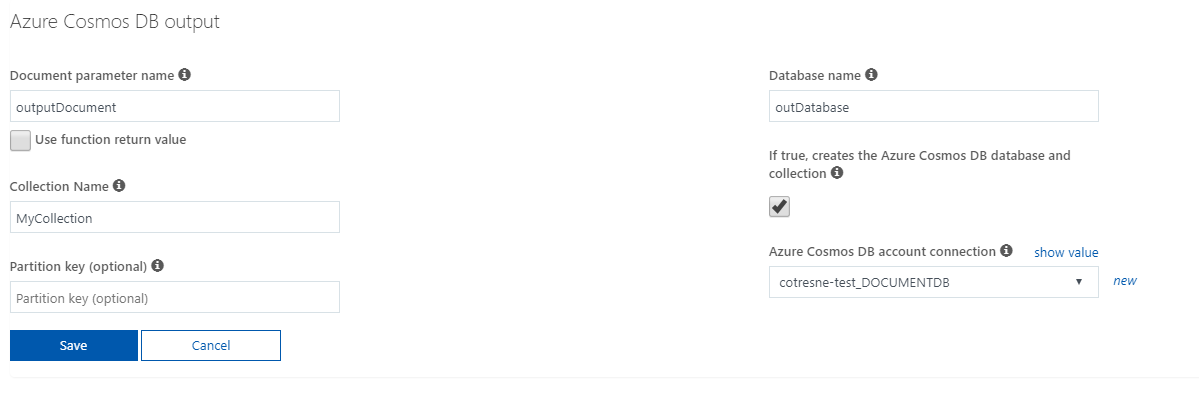 Cosmos DB output setup