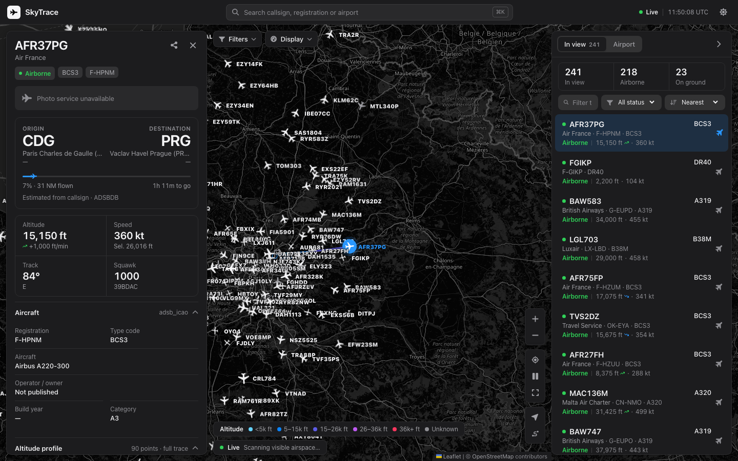 A selected aircraft, its live map position and flight detail panel